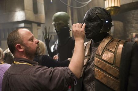 Martin Rezard doing final touches to the 'Delphidian' prosthetic makeup which he created & applied ( 2-3 hrs ) every day