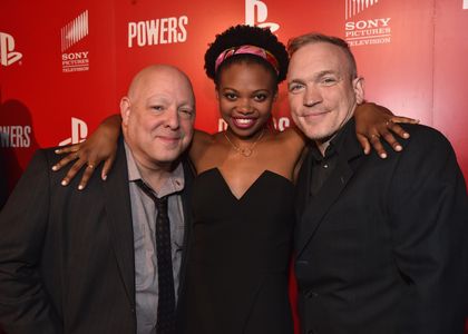 Brian Michael Bendis, Michael Avon Oeming, and Susan Heyward at an event for Powers (2015)