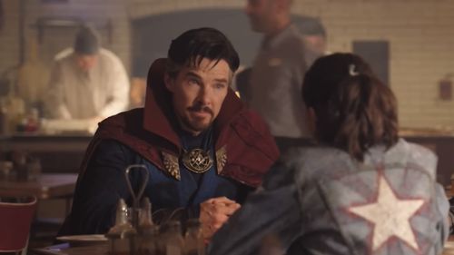Marian Lorencik ( pizza chef),Benedict Cumberbatch and Xochitl Gomez in Doctor Strange in the Multiverse of Madness