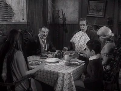 Yvonne De Carlo, Fred Gwynne, Al Lewis, Butch Patrick, and Pat Priest in The Munsters (1964)