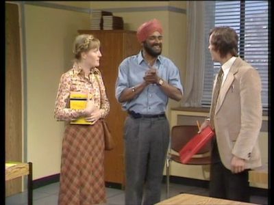 Barry Evans, Jacki Harding, and Albert Moses in Mind Your Language (1977)