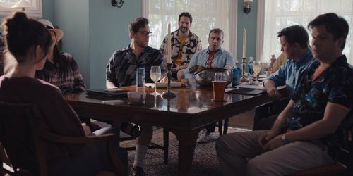 Anne Hathaway, Theo Stockman, Kyle Marvin, & Steven Boyer in “WeCrashed” (Apple TV+)