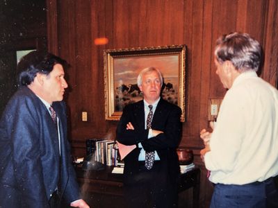 Producer and writer Stephen Talbot (center) with correspondent Robert Krulwich (left) and Secretary of the Interior Bruc