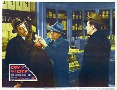 Victor Mature, Fred Clark, Tommy Cook, and Dan Sheridan in Cry of the City (1948)