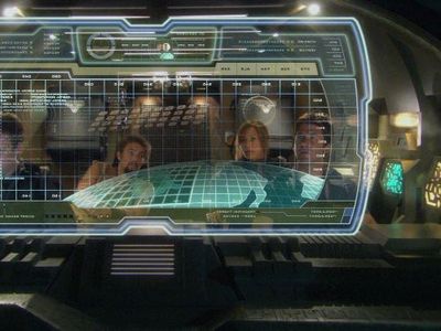 Joe Flanigan, David Hewlett, Rachel Luttrell, and Jason Momoa in Stargate: Atlantis (2004)
