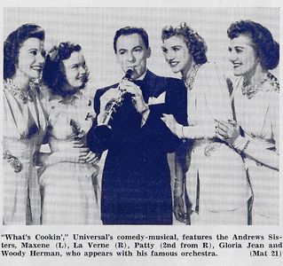 Laverne Andrews, Maxene Andrews, Patty Andrews, Woody Herman, Gloria Jean, and The Andrews Sisters in What's Cookin' (19