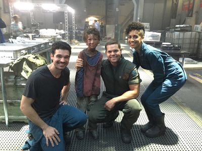 Steven Strait, Isaak Bailey, Wes Chatham, and Dominique Tipper on set S2E7 of The Expanse.