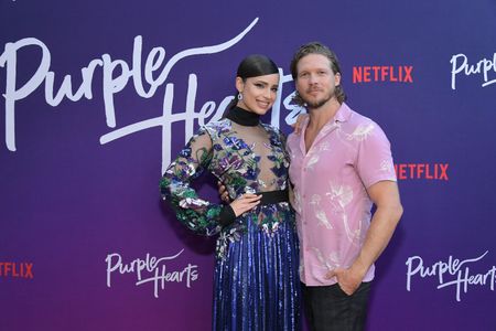 Sofia Carson and Scott Deckert at the premiere of Netflix's Purple Hearts