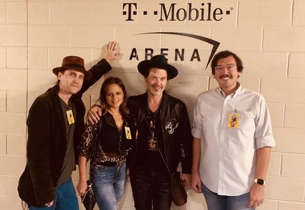 Jordan Lawson, Anushka Jagtiani, Doyle Bramhall II and Noah Booshu backstage at the T-Mobile Area Las Vegas Eric Clapton