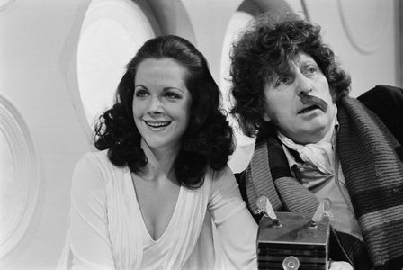 Tom Baker, as Doctor Who, and Mary Tamm as his companion, Romana, on the set of the BBC television science fiction serie