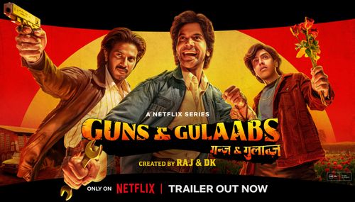 Rajkummar Rao, Adarsh Gourav, and Dulquer Salmaan in Guns & Gulaabs (2023)