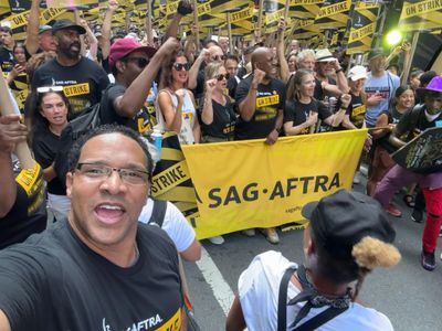 Actors Carl Ducena with Fellow SAG-AFTRA and WGA Peers while on Strike, Marched up 5th Avenue in solidarity with thousan