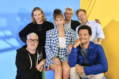 Eric Bogosian, Mark Johnson, Rolin Jones, Sam Reid, Jacob Anderson, and Bailey Bass at an event for Interview with the V