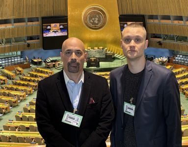 Christopher Loverro being interviewed at the United Nations about the war in Ukraine