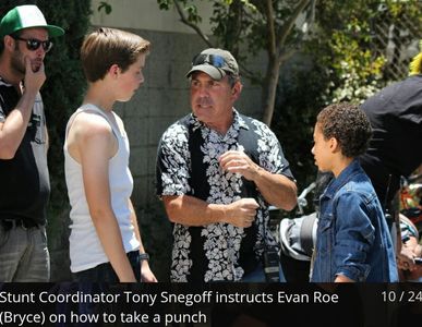 Jaden Betts with stunt coordinator Tony Snegoff and Evan Roe on the set of Time Toys.