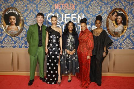Shonda Rhimes, Golda Rosheuvel, Corey Mylchreest, India Amarteifio, and Arsema Thomas at an event for Queen Charlotte: A