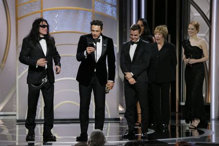 Shirley MacLaine, James Franco, Emma Stone, Tommy Wiseau, and Dave Franco at an event for The Disaster Artist (2017)