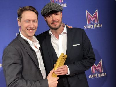 Karlsens series Exit, winner of The Inter National Panorama, the jurys award, at Series Mania. Karlsen with actor Simon 
