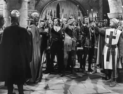 John Derek, Alan Hale, Billy House, Lester Matthews, and Donald Randolph in Rogues of Sherwood Forest (1950)