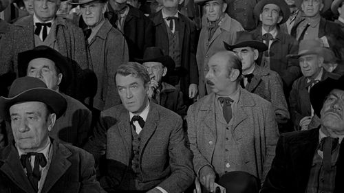 James Stewart, Herman Hack, John Qualen, and Blackie Whiteford in The Man Who Shot Liberty Valance (1962)