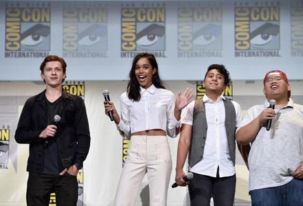 Tony Revolori, Tom Holland, Laura Harrier, and Jacob Batalon at an event for Spider-Man: Homecoming (2017)