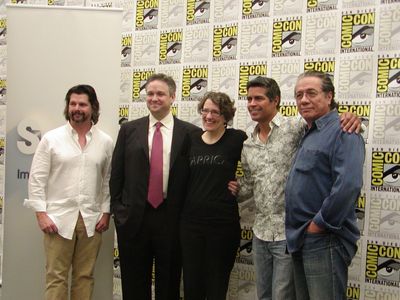 Edward James Olmos, Esai Morales, David Eick, Jane Espenson, and Ronald D. Moore at an event for Caprica (2009)