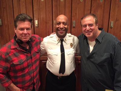 On the set of Green Book (2018) left to right (Writer/Producer Brian Hayes Currie, Actor Brian Distance, and Writer/Prod