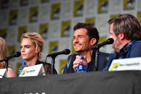 Orlando Bloom, Travis Beacham, and Cara Delevingne at an event for Carnival Row (2019)