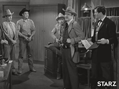 Douglas Fowley, Pete Kellett, Dennis Moore, Hugh O'Brian, and Morgan Woodward in The Life and Legend of Wyatt Earp (1955
