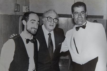Angelo Orlando with Federico Fellini and Roberto Russoniello. At Sistina Theatre. Roma. 1988