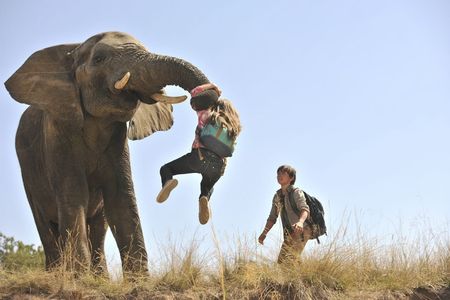 Ella Ballentine is lifted by an elephant in Against The Wild: Survive The Serengeti. May 2015, South Africa.