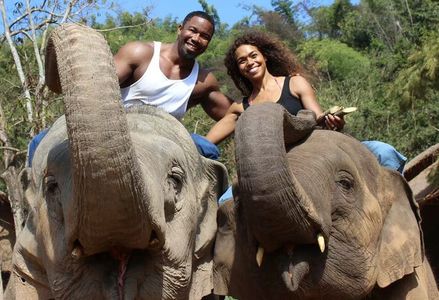 Couple Michael Jai White and Gillian Iliana Waters riding elephants in Thailand during White's filming of his new action