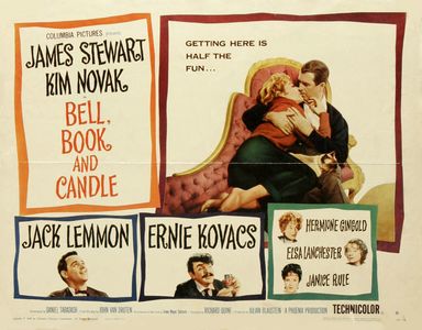 James Stewart, Jack Lemmon, Kim Novak, Elsa Lanchester, Hermione Gingold, Ernie Kovacs, and Janice Rule in Bell Book and