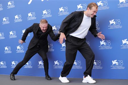 Timofey Tribuntsev and Yuriy Borisov at an event for Captain Volkonogov Escaped (2021)