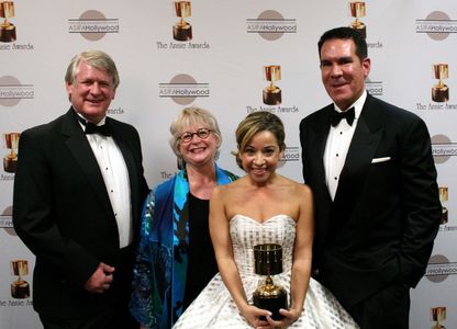 Feature voice actor winner Jen Cody with presenters Bill Farmer, Russi Taylor, and Tony Anselmo (voices of Goofy, Minnie