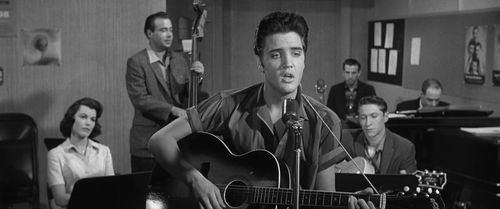 Elvis Presley, Mike Stoller, Bill Black, D.J. Fontana, Scotty Moore, and Judy Tyler in Jailhouse Rock (1957)