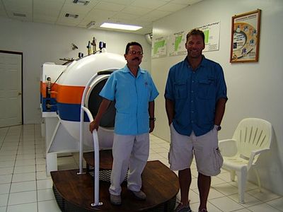 Keith exits Hyperbaric Chamber after deep scuba hosting 'Ultimate Destinations' in the Caribbean.