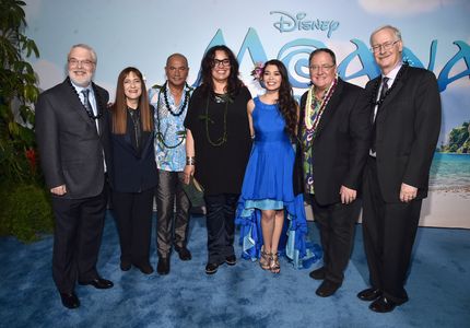 John Lasseter, Ron Clements, Temuera Morrison, John Musker, Rachel House, Osnat Shurer, and Auli'i Cravalho at an event 