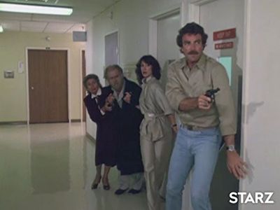 Tom Selleck, Elisha Cook Jr., Louise Lewis, and Patch Mackenzie in Magnum, P.I. (1980)