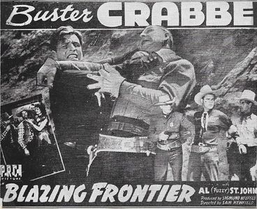 Jimmy Aubrey, Buster Crabbe, Frank Hagney, Marjorie Manners, Kermit Maynard, and Al St. John in Blazing Frontier (1943)