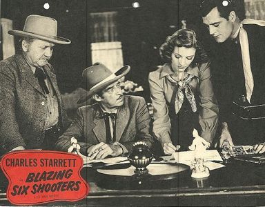 Al Bridge, George Cleveland, Iris Meredith, and Charles Starrett in Blazing Six Shooters (1940)