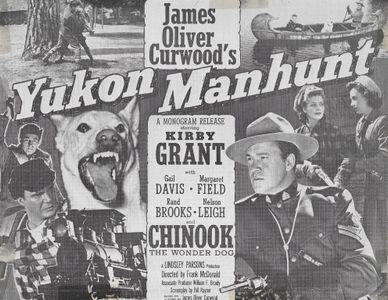 Gail Davis, John Doucette, Margaret Field, Kirby Grant, Nelson Leigh, and Chinook in Yukon Manhunt (1951)