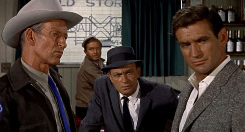 Rod Taylor, Malcolm Atterbury, Joe Mantell, and Karl Swenson in The Birds (1963)