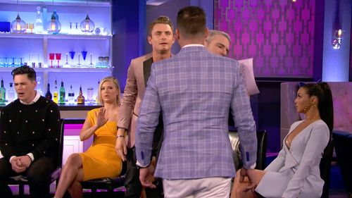 Andy Cohen, Tom Sandoval, Scheana Shay, Ariana Madix, Jax Taylor, and James Kennedy in Vanderpump Rules: Reunion Part 1 