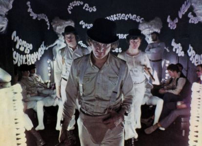 Malcolm McDowell, Warren Clarke, James Marcus, and Pat Roach in A Clockwork Orange (1971)
