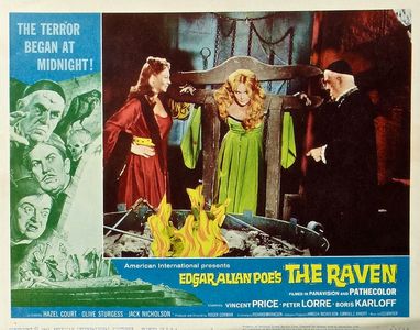 Peter Lorre, Boris Karloff, Vincent Price, Hazel Court, and Olive Sturgess in The Raven (1963)