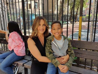 Still of Ja' Siah Young and Mariska Hargitay while filming law and order SVU season 21 episode 5 midnight in Manhattan