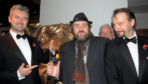 Collecting our award at the Bafta Scotland ceremony 2011. With Al McDougall, Ross Gerry (and John Hamilton RIP) peeking 