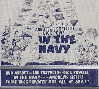 Bud Abbott, Laverne Andrews, Maxene Andrews, Patty Andrews, Lou Costello, Dick Powell, and The Andrews Sisters in In the