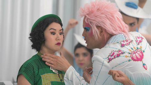 Justin Tranter and Tricia Fukuhara in Grease: Rise of the Pink Ladies (2023)